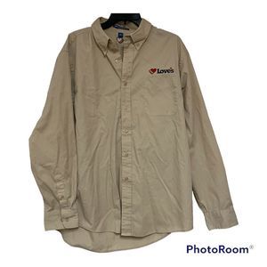 loves truck stop employees  button up shirt tan long sleeve  button down collar